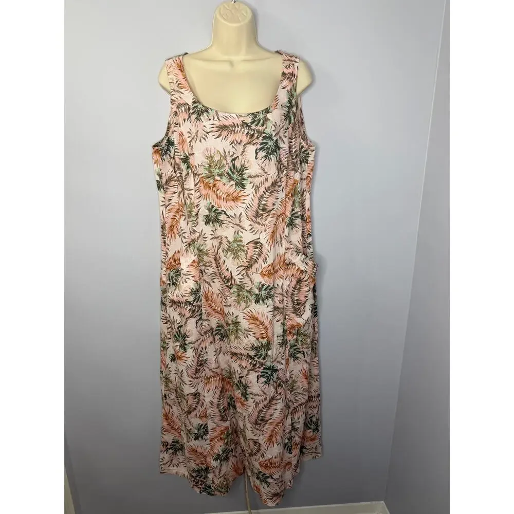 J.jill Love Linen Palm Leaf Soft Pink Pocket Maxi Dress Coastal Beach XL new